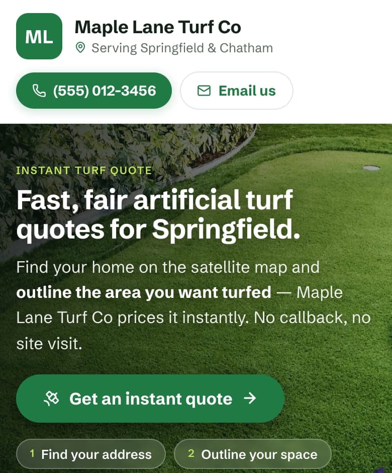 A sample installer’s hosted MeasureTurf page with its instant-quote button