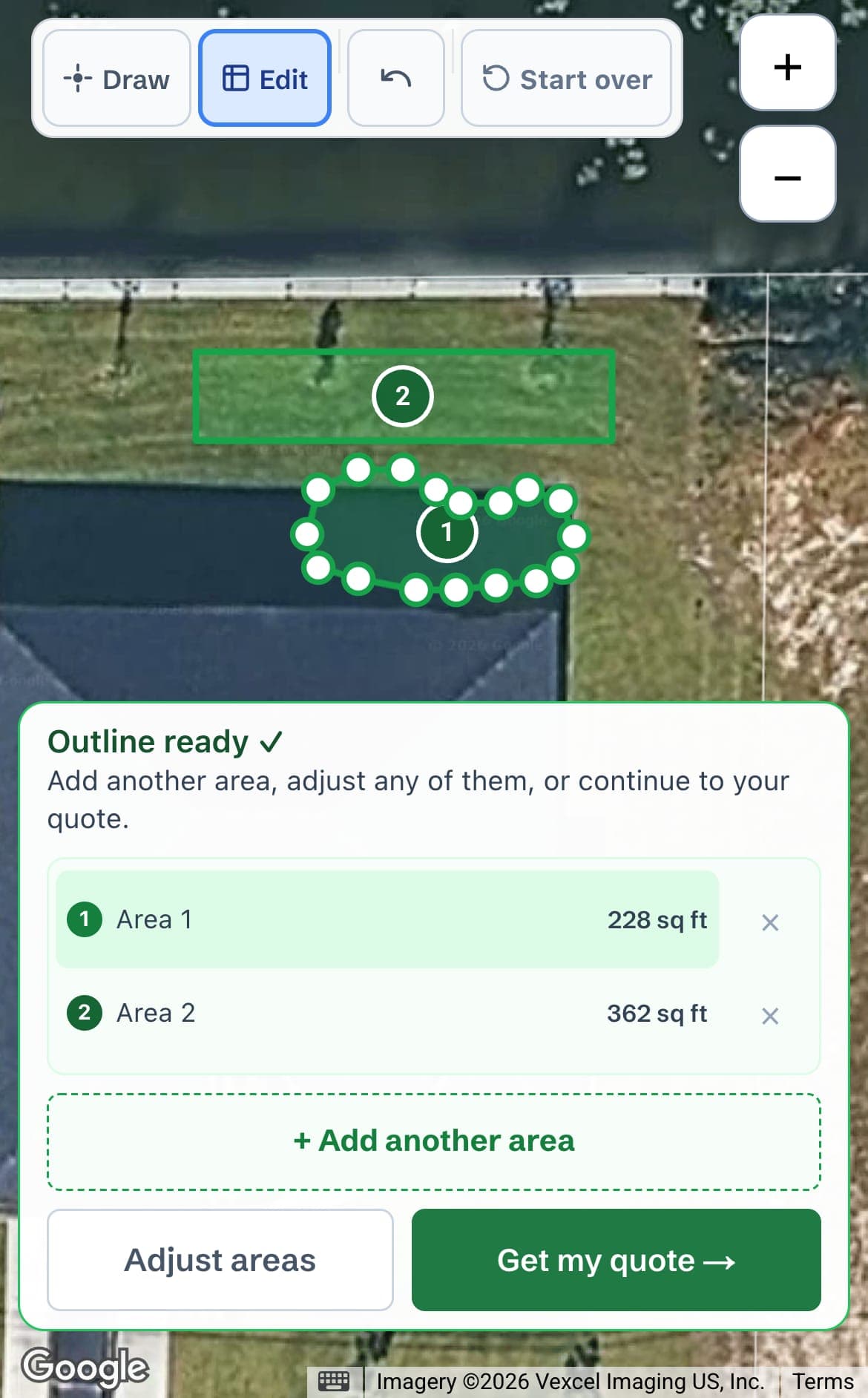 The actual Turf demo shows two separately outlined areas, their square footage, and the option to add another area before getting a quote