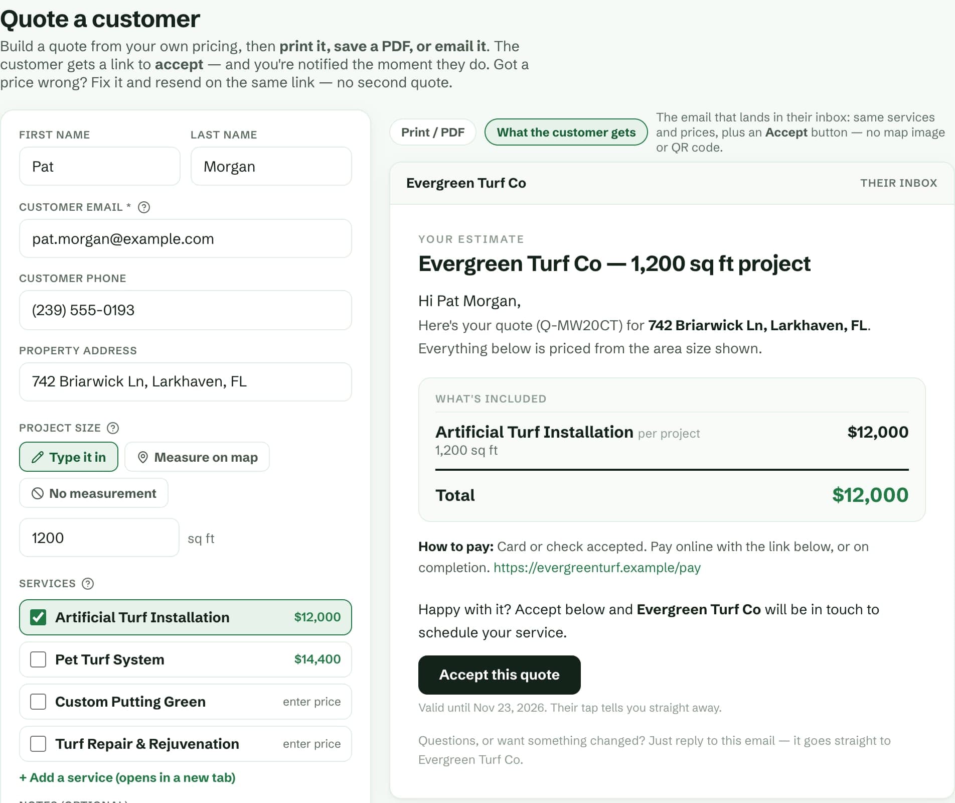 The actual Turf quote builder with project size, service prices and a customer preview with an accept button