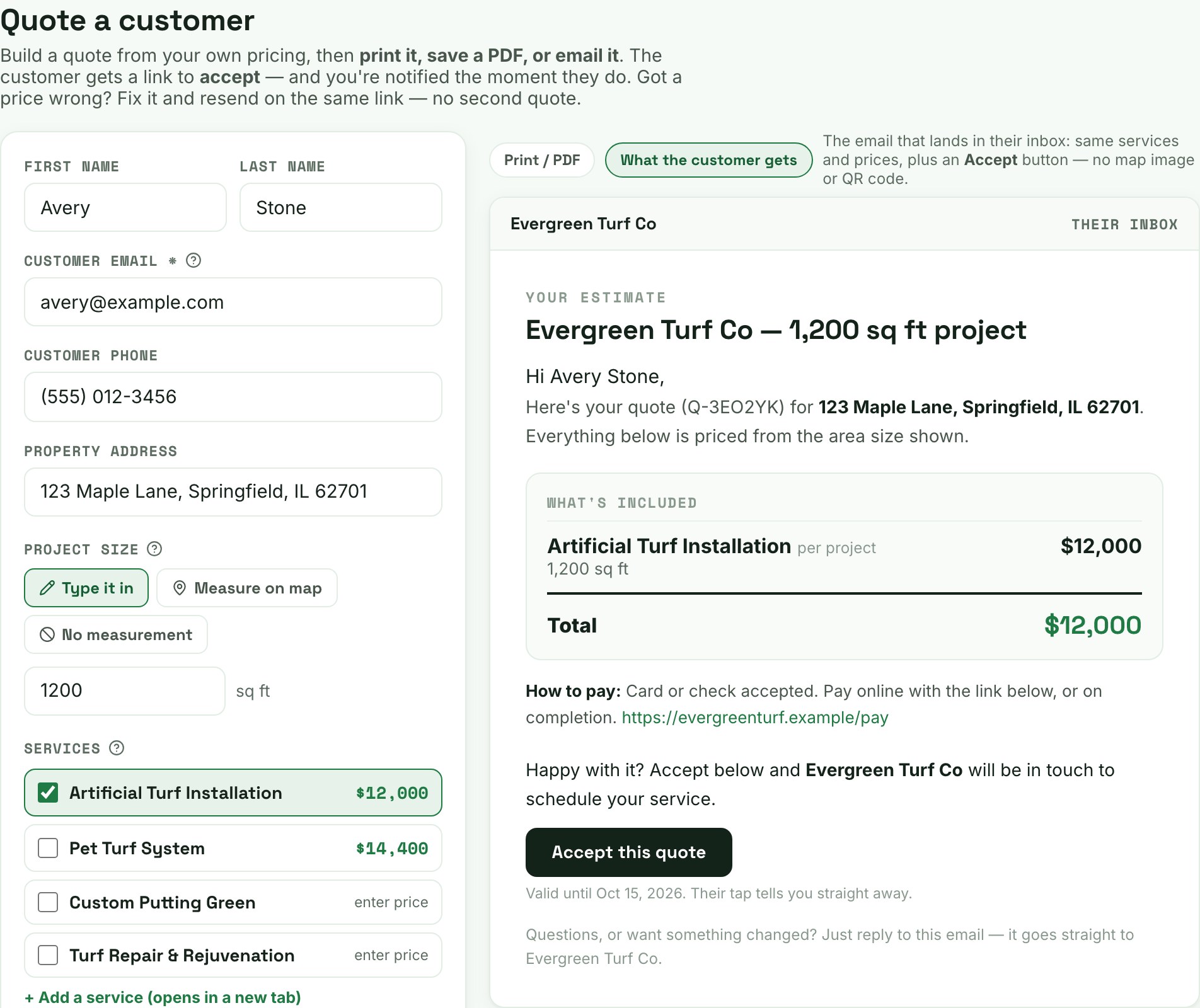 The actual Turf quote builder with project size, service prices and a customer preview with an accept button